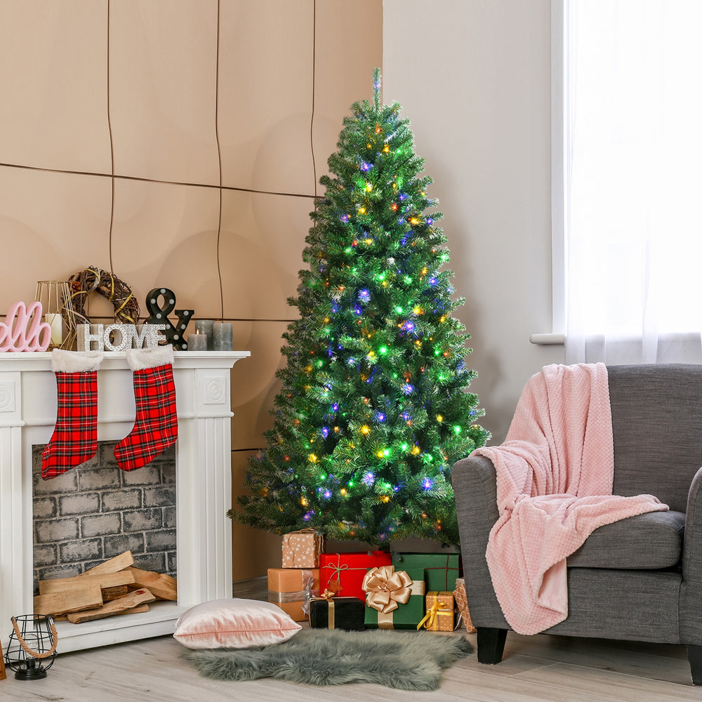 Artificial hinged Christmas tree with remote-controlled color-changing LED lights, beautifully decorated for festive.