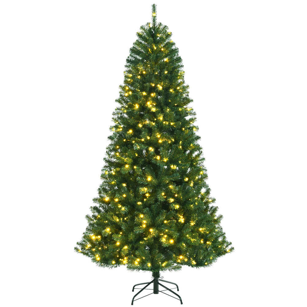 7' artificial hinged Christmas tree with remote-controlled color-changing LED lights, perfect for festive decorations.
