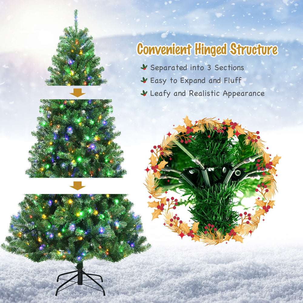 Artificial hinged Christmas tree with remote-controlled color-changing LED lights, showcasing a full-bodied design for.