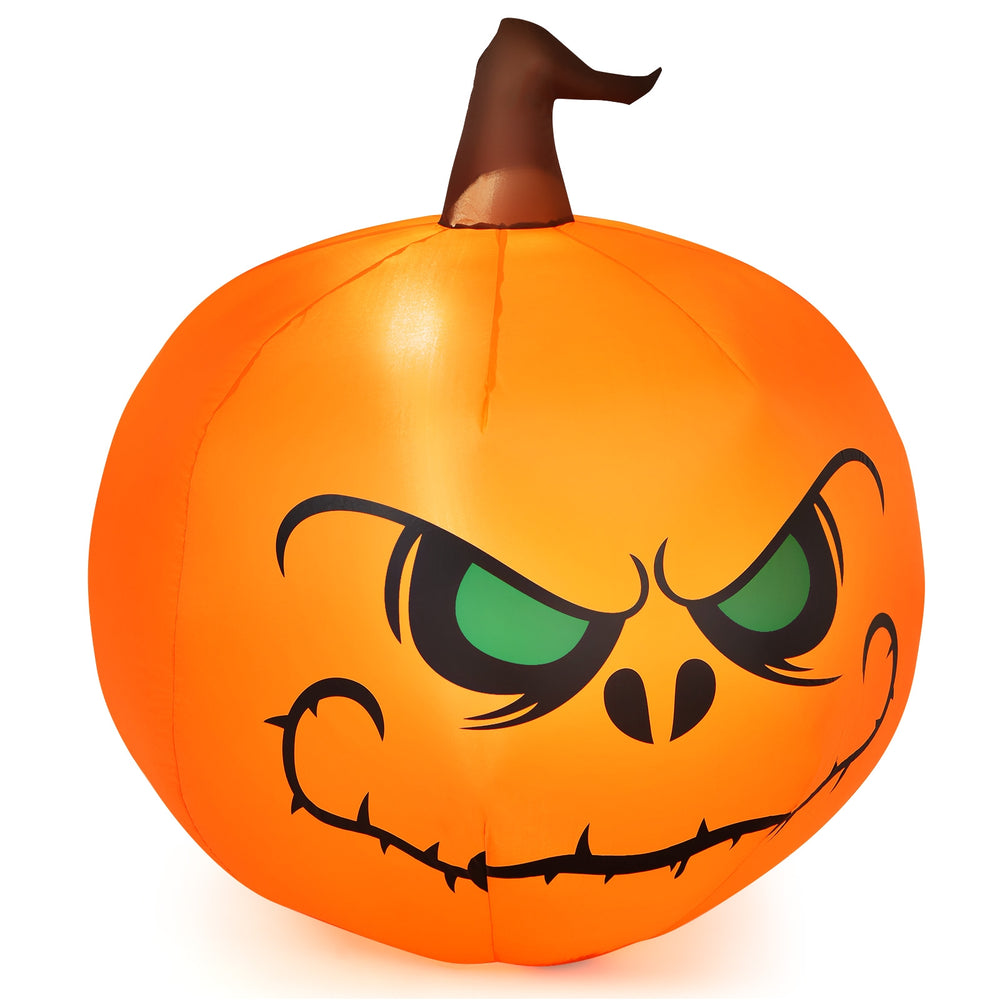 Inflatable 4-foot Halloween pumpkin with a scary face, built-in LED light, perfect for indoor and outdoor decorations.