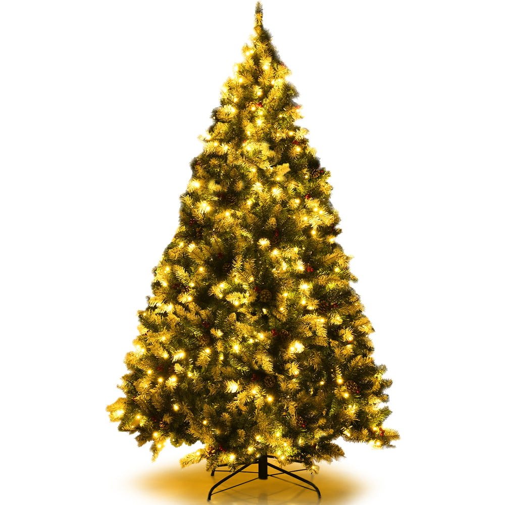 Snow flocked 6 ft Christmas tree with 250 warm white LED lights, red berries, and pine cones for festive decoration.