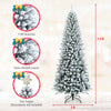 Snow-flocked 7.5 ft artificial Christmas pencil tree with 1189 branches, perfect for festive holiday decoration.