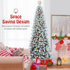 Snow-flocked 7.5 ft artificial Christmas pencil tree with mixed tips, perfect for limited spaces and easy assembly.