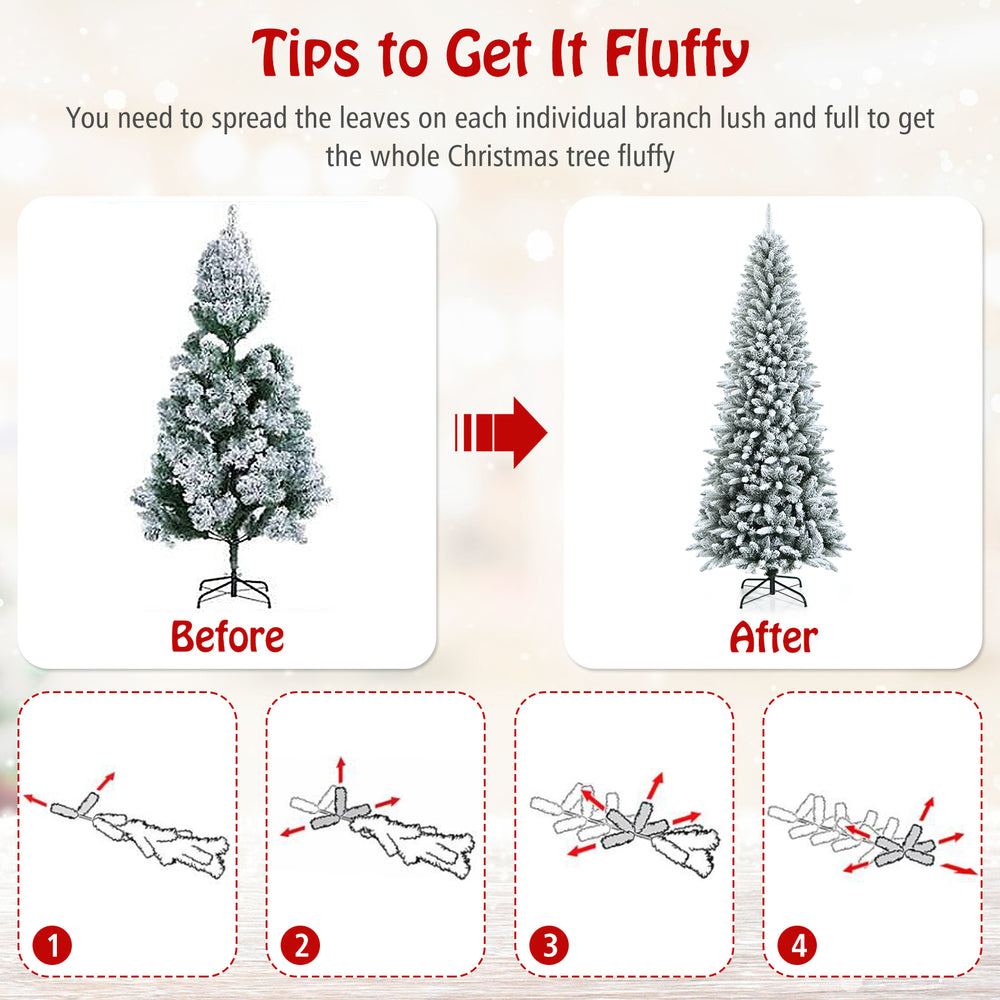 Snow-flocked 7.5 ft artificial Christmas pencil tree with lush branches, perfect for festive holiday decoration.