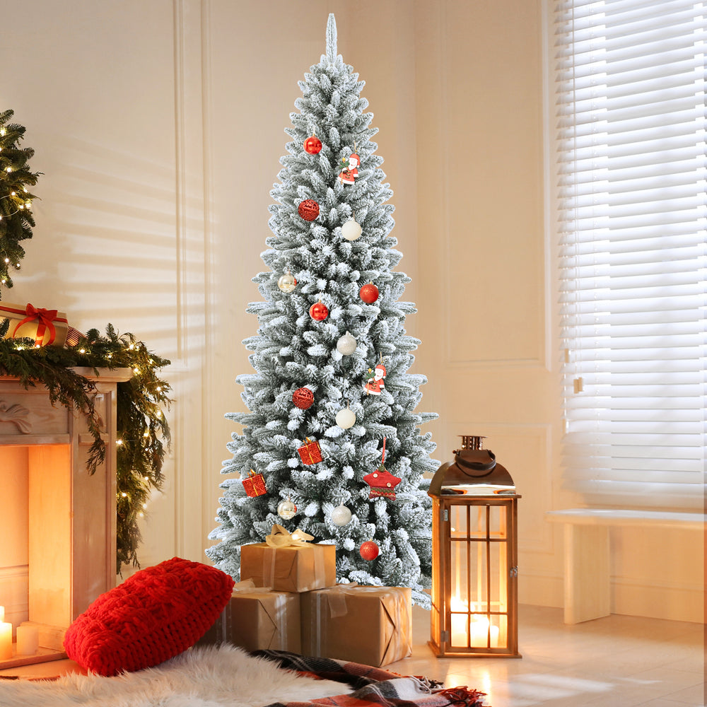 Snow-Flocked Hinged Artificial Christmas Pencil Tree with Mixed Tips-7.5 ft - Gallery View 1 of 9