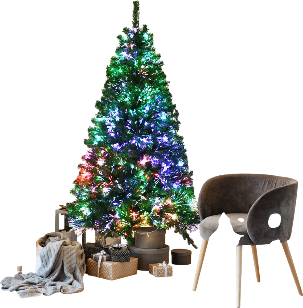 5 ft pre-lit multi-colored fiber optic spruce artificial Christmas tree with a natural look, perfect for holiday decor.