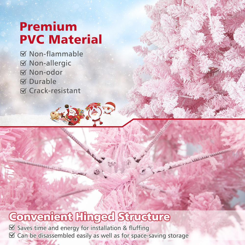 Flocked Christmas tree with 1100 PVC branch tips and pre-lit design, perfect for festive holiday decor.