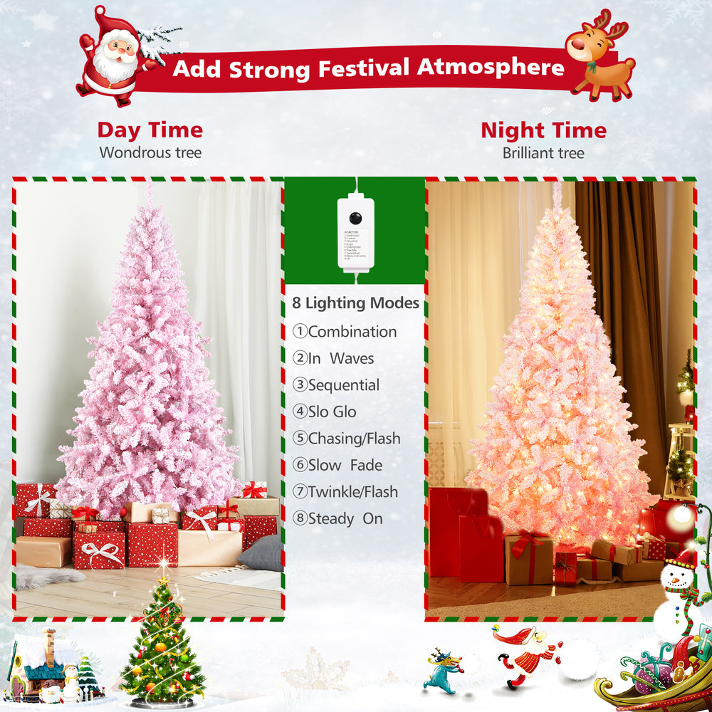 7.5 feet flocked Christmas tree with 450 warm white LED lights, showcasing 8 lighting modes for festive decoration.