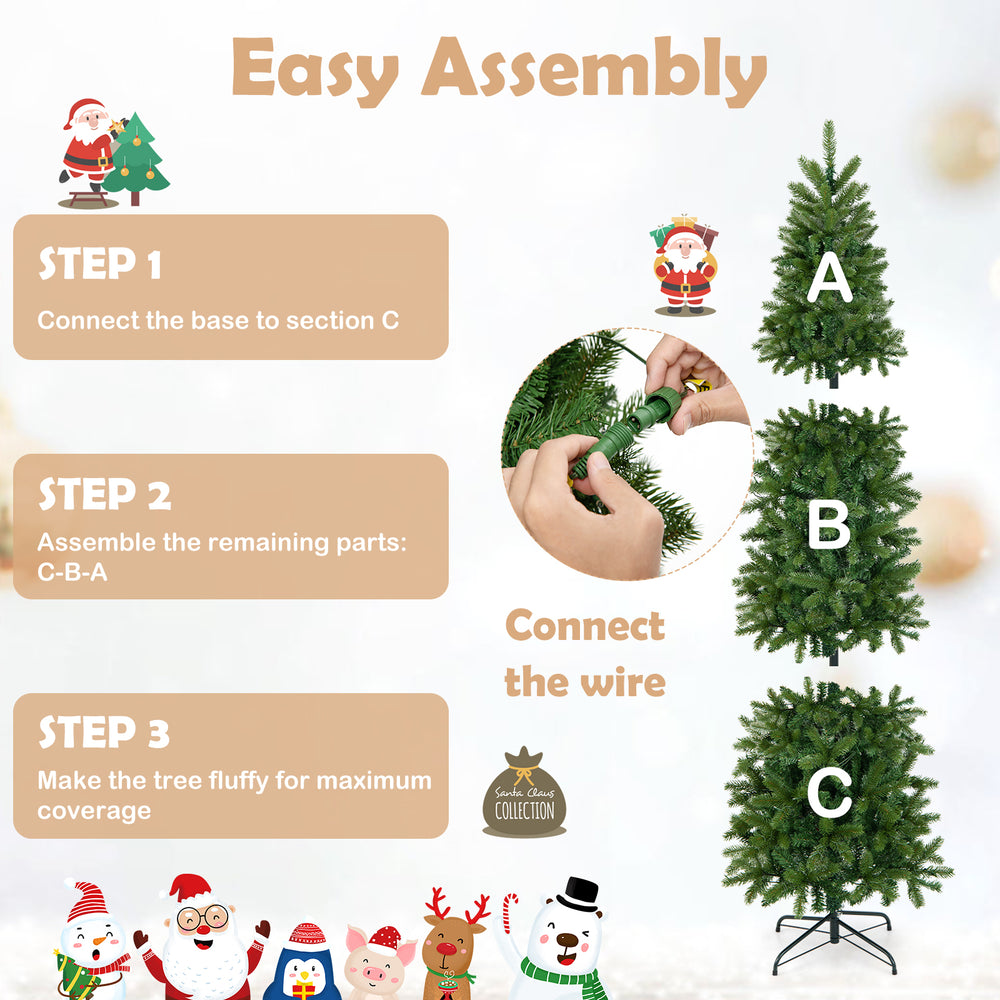6 feet pre-lit artificial Christmas pencil tree with 648 branch tips, featuring easy assembly steps and colorful.