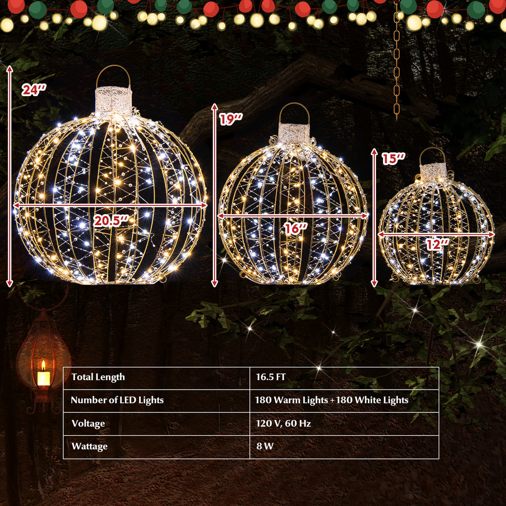 Three pack of golden Christmas LED light balls in various sizes, featuring 180 warm and 180 white lights for festive.