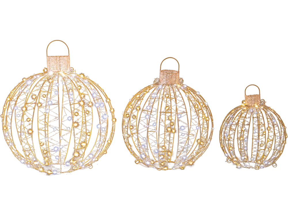 Set of three golden Christmas LED light balls with bead strings, featuring 180 warm and white lights for festive.