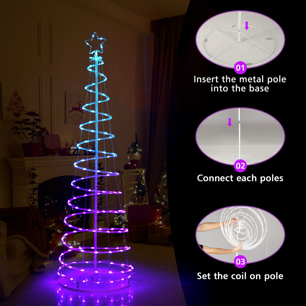 6 feet light up spiral Christmas tree with a star top, featuring colorful lights and a sturdy metal frame for outdoor.