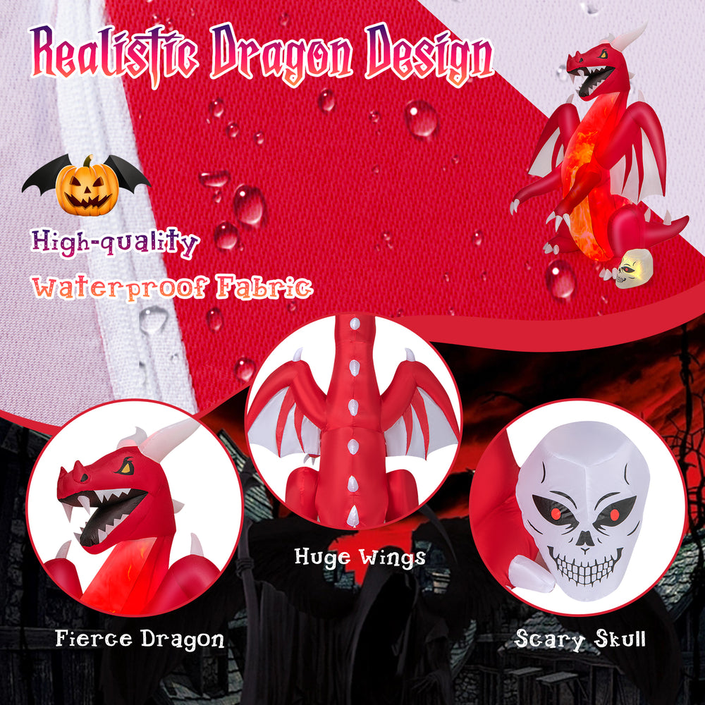 Detailed close-up of the 8-foot red dragon inflatable's fierce face and huge wings, perfect for Halloween festivities.