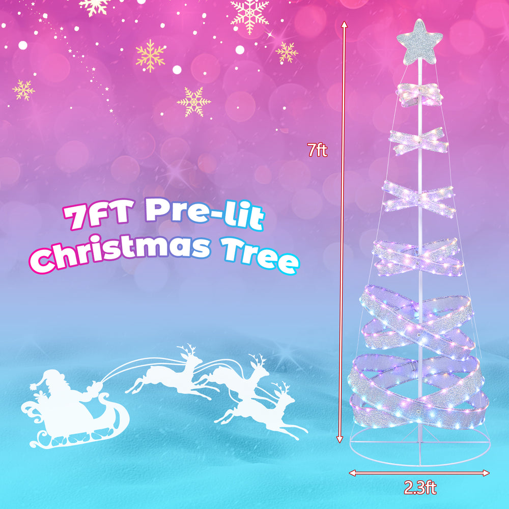 7ft outdoor spiral Christmas tree with 341 LED lights, perfect for festive decorations at parties and gatherings.