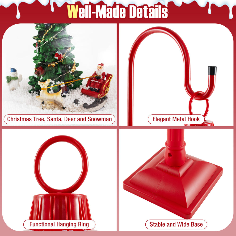 68-inch red musical Christmas street lamp post with snow globe lantern, featuring festive scene and stable wide base.