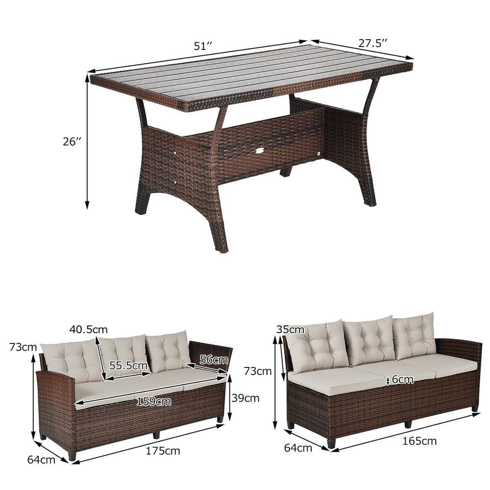 Hand-woven rattan outdoor sofa set with dining table, featuring padded cushions and sturdy steel frame for comfort and.