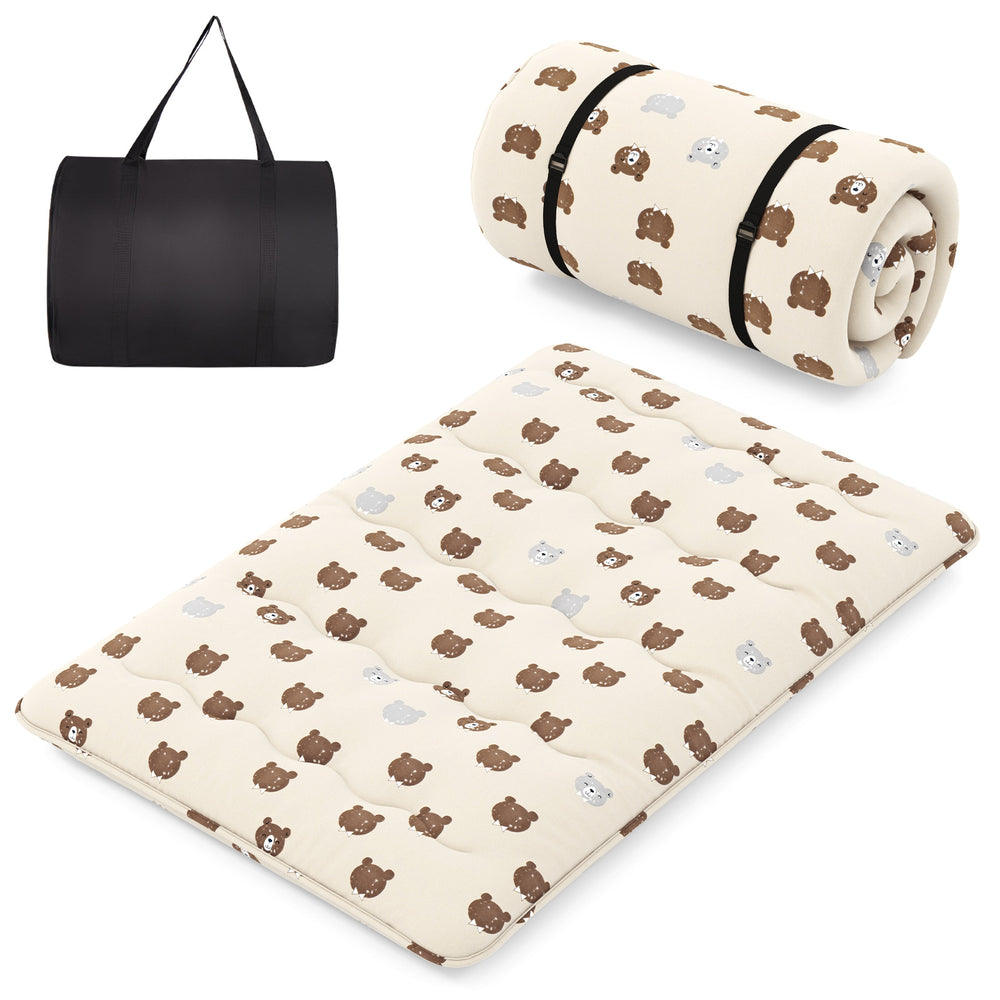 Foldable full-size futon mattress with washable cover and carry bag, ideal for camping and versatile floor use.