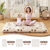 Foldable full-size futon mattress with washable cover, ideal for camping or as a floor mat, shown with a child and.