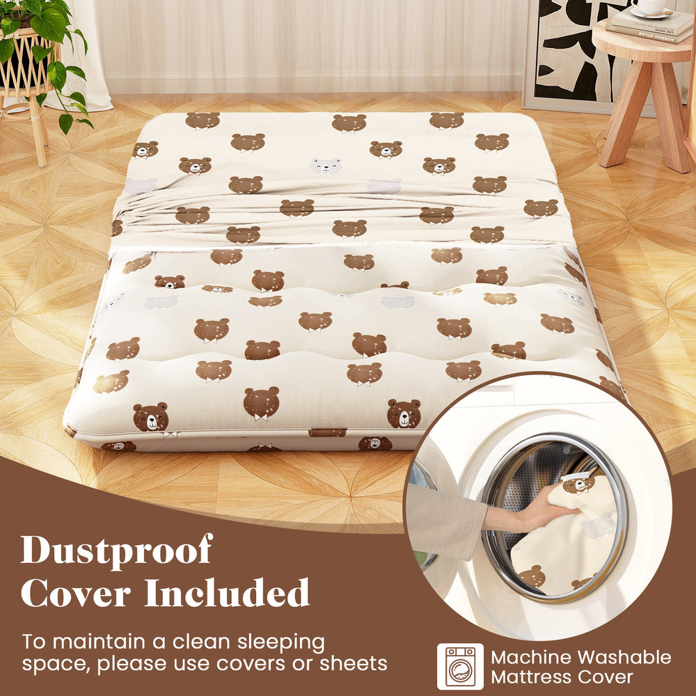 Foldable full-size futon mattress with washable cover, featuring cute bear design, ideal for camping and home use.
