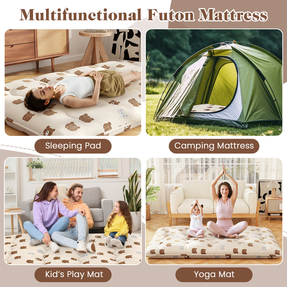 Foldable futon mattress with washable cover, ideal as a camping mattress, play mat, or sleeping pad for versatile use.