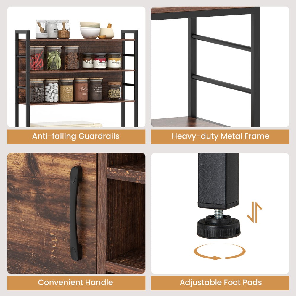 Coffee bar cabinet features a heavy-duty metal frame, adjustable foot pads, and convenient handle for easy access.