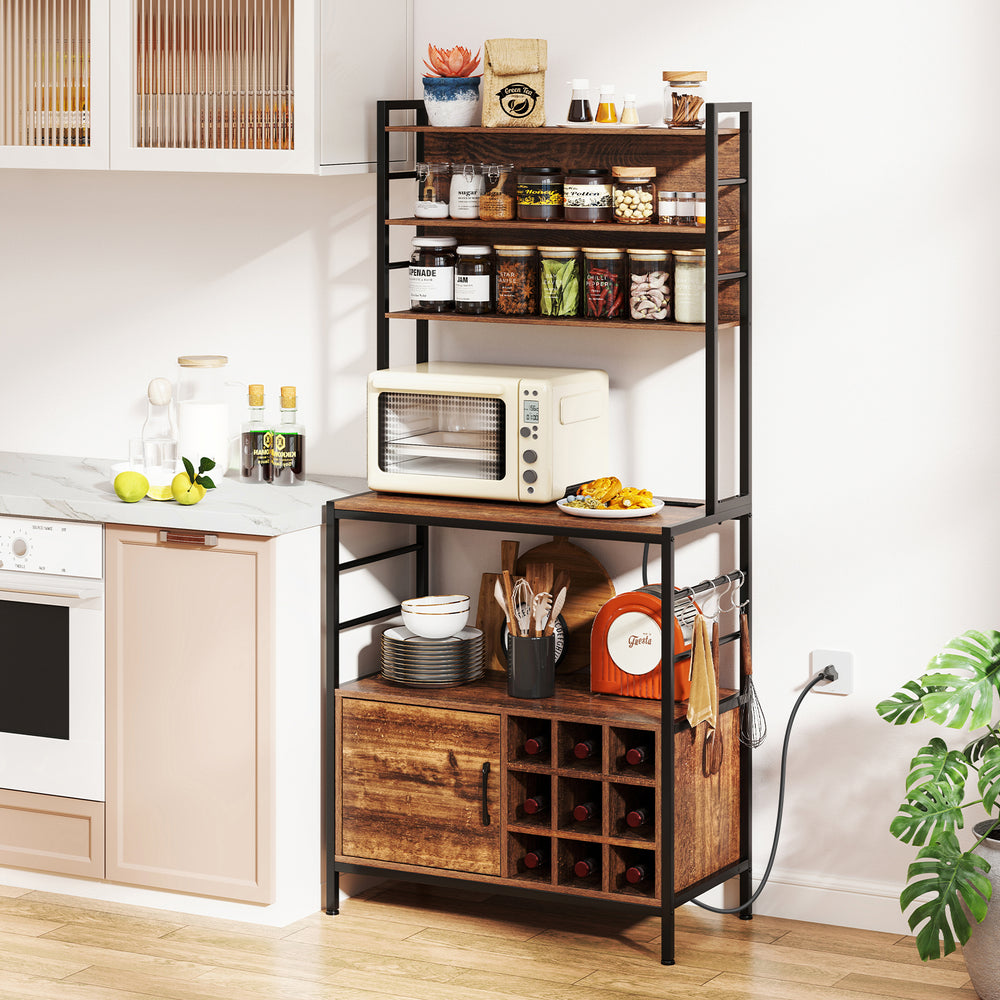 Coffee Bar Cabinet with S-Shaped Hooks and Wine Bottle Holders-Rustic Brown - Gallery View 1 of 10