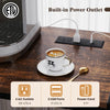 Coffee bar cabinet in rustic brown featuring built-in power outlet, wine bottle holders, and sturdy metal frame for.