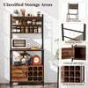 Coffee bar cabinet in rustic brown with open shelves, wine bottle holders, and S-shaped hooks for versatile storage.