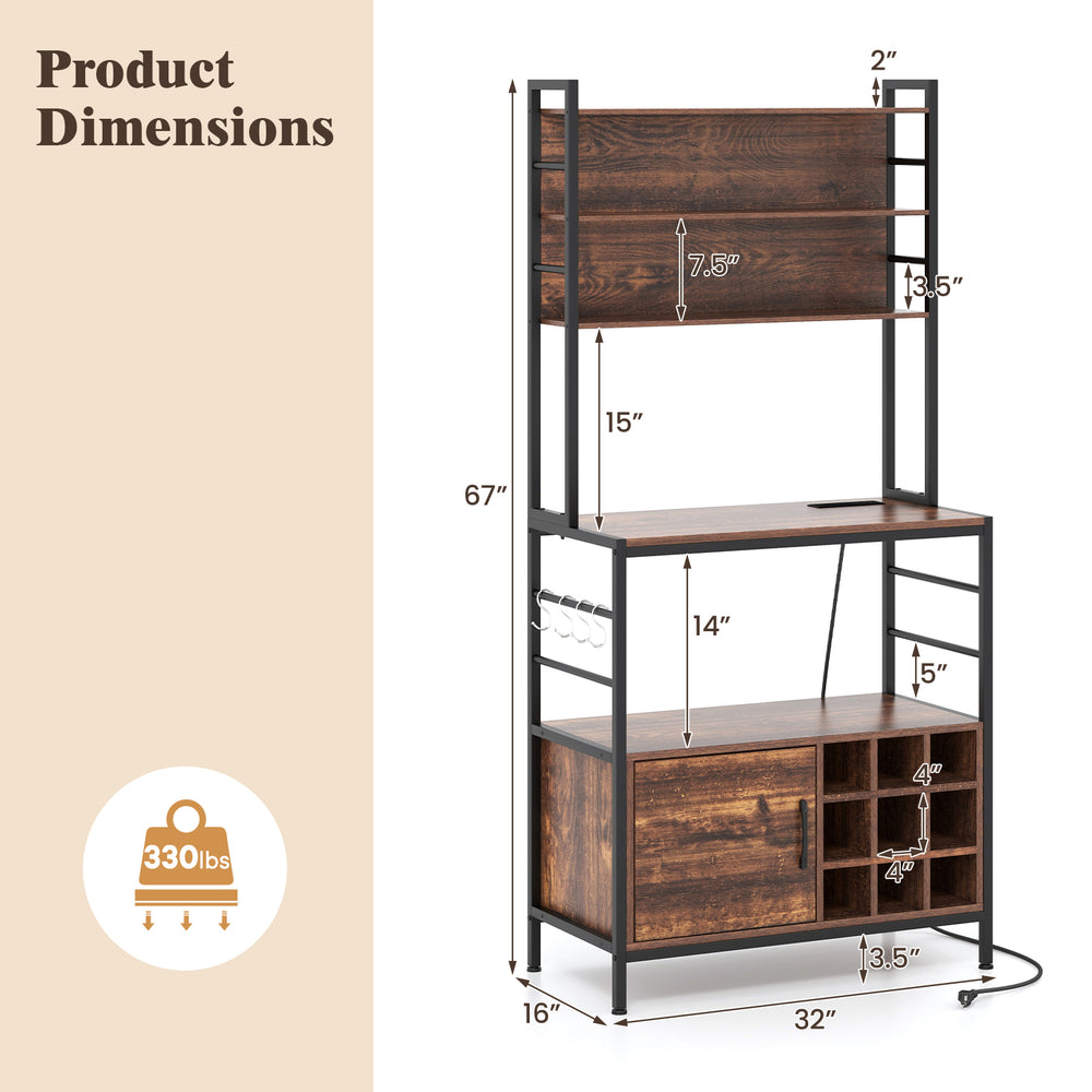 Coffee bar cabinet in rustic brown with wine bottle holders, S-shaped hooks, and dimensions for versatile storage.