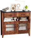 Coffee bar cabinet in brown with faux marble top, featuring 2 drawers, 2 door cabinets, and an open shelf for stylish.