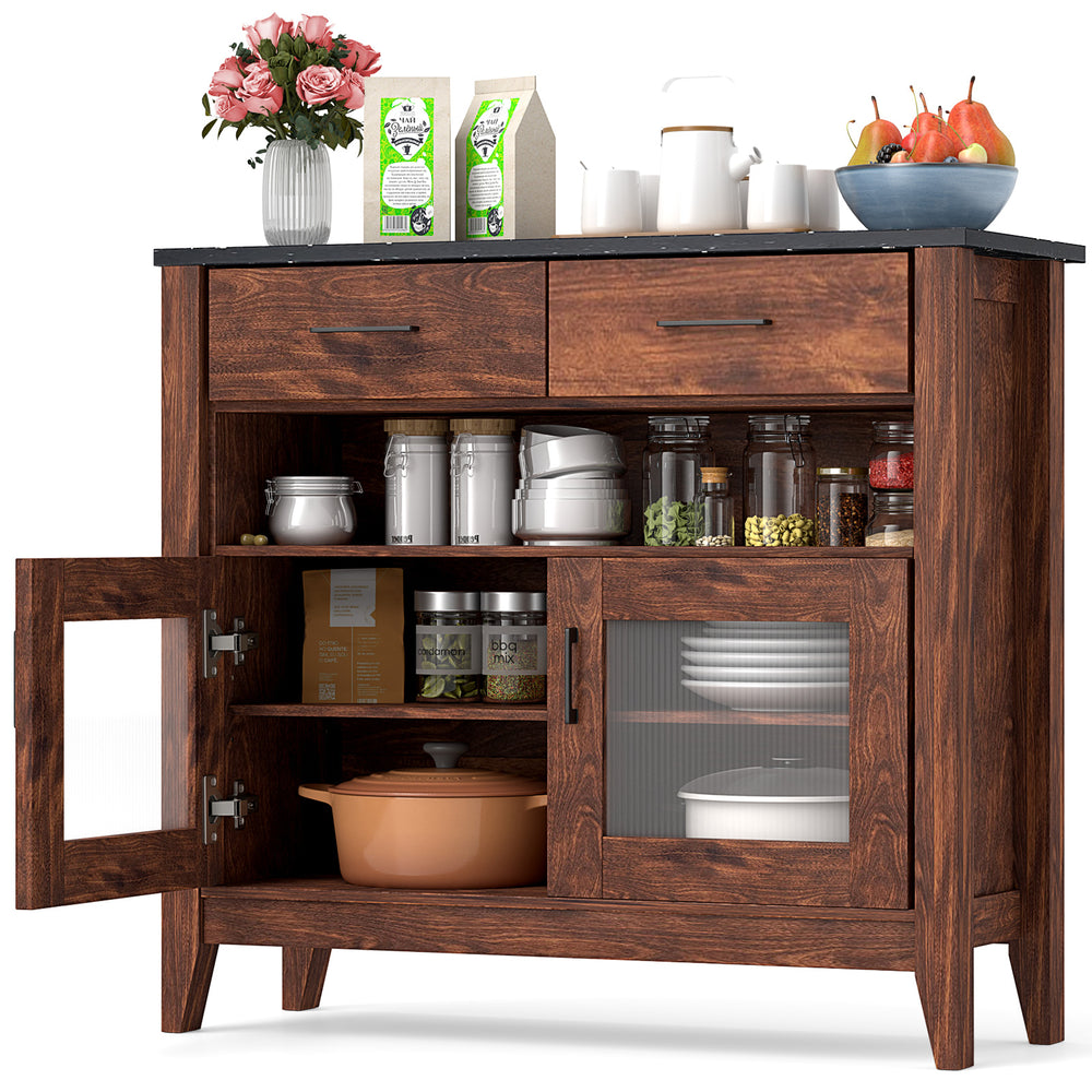 Coffee bar cabinet in brown with faux marble top, featuring 2 drawers, 2 cabinets, and an open shelf for versatile.