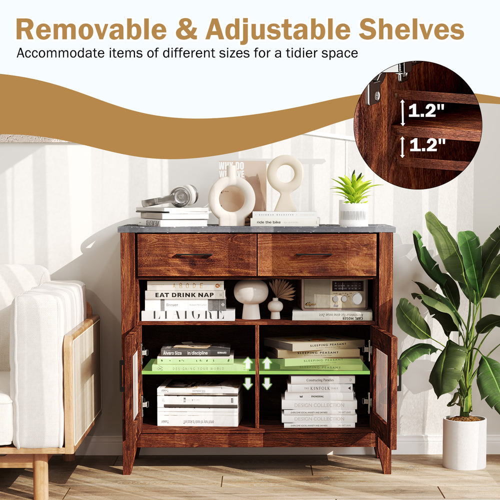 Coffee bar cabinet in brown with 2 drawers, adjustable shelves, and faux marble top for stylish storage solutions.