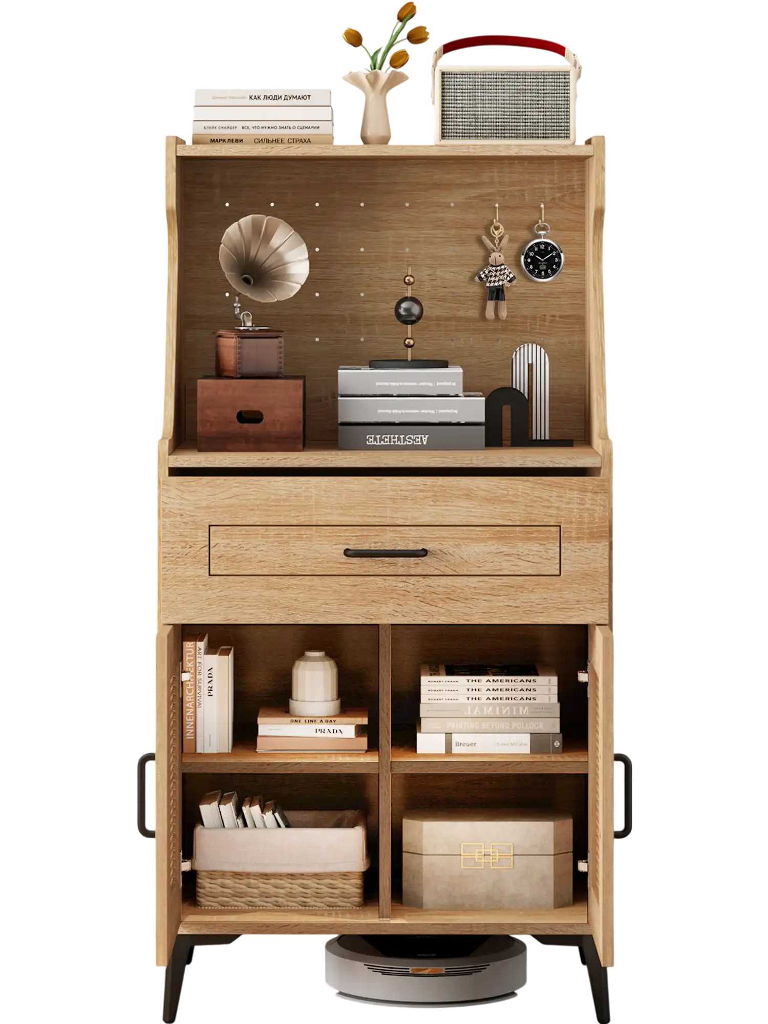 Costway Coffee Bar Cabinet Pegboard Storage Drawer Adjustable Shelf Oak 18234795 New