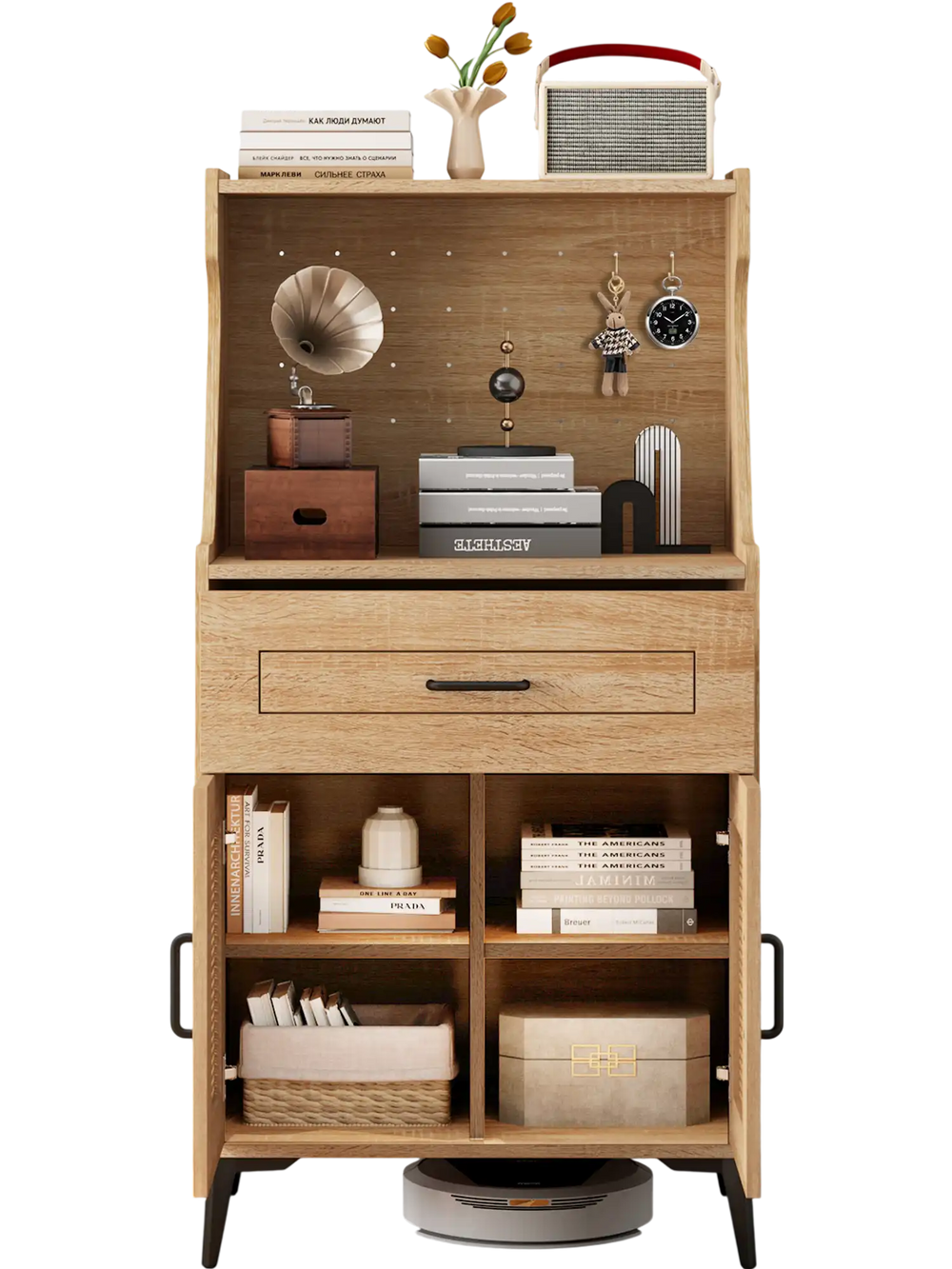Coffee bar cabinet featuring a storage drawer, adjustable shelves, and sleek round corners for safe kitchen.