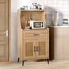 Coffee bar cabinet in oak with rattan doors, adjustable shelves, and pegboard storage for kitchen organization.