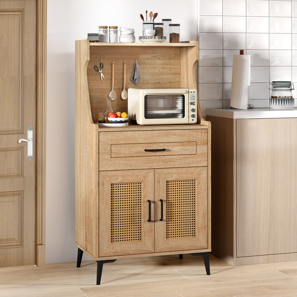 Coffee bar cabinet in oak with rattan doors, adjustable shelves, and pegboard storage for kitchen organization.