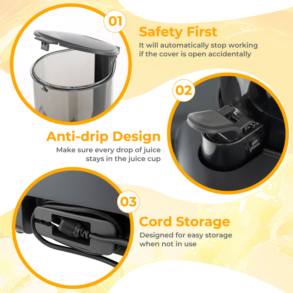Cold press juicer with 5.3" feed chute, anti-drip design, and cord storage for convenient, nutrient-rich juice.