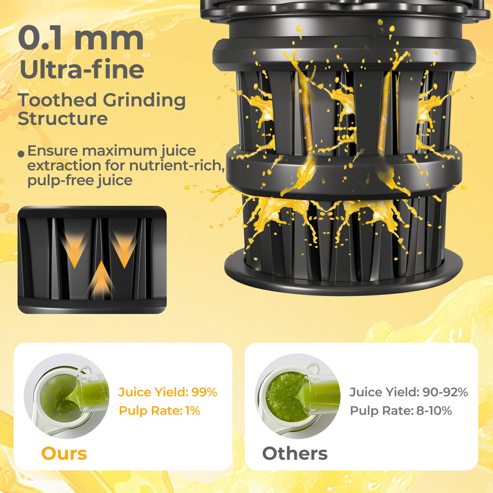 Close-up of the Cold Press Juicer's 0.1 mm ultra-fine toothed grinding structure for nutrient-rich, pulp-free juice.