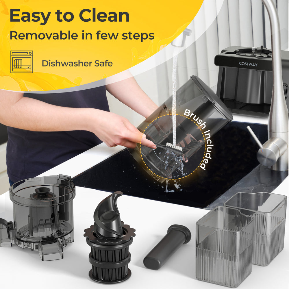 Cold press juicer components including dishwasher-safe parts and included cleaning brush for easy maintenance.