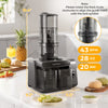 Cold press juicer's front view highlighting the 43 RPM operation and anti-blocking reverse function for optimal juice.