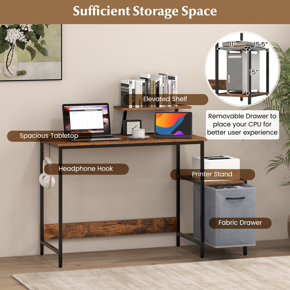 Computer desk with spacious tabletop, reversible storage drawer, and elevated shelf for versatile office use.