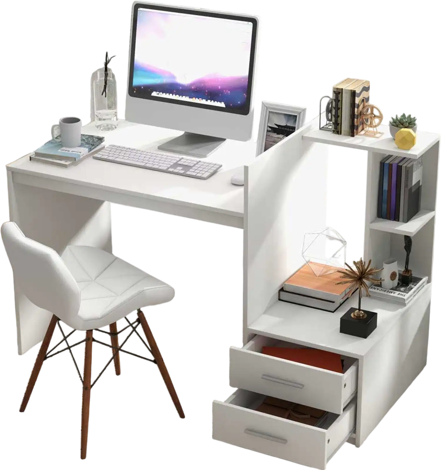 Costway Computer Desk Home Office Bookshelf Drawers White 37612485 New