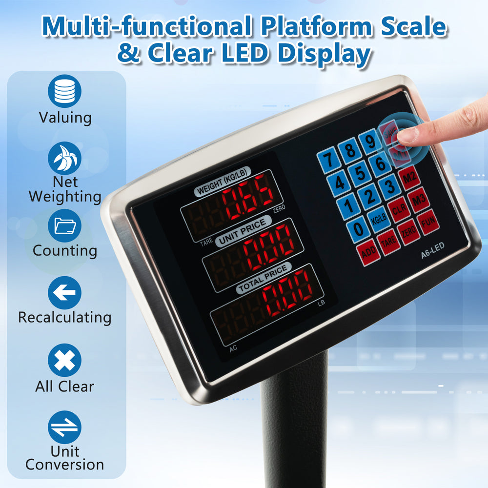 Computing digital platform scale with LED display, sturdy metal construction, and detachable scale pan for versatile.