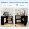 Triangle corner computer desk in black with storage shelf, designed for space-saving and versatile use in any room.