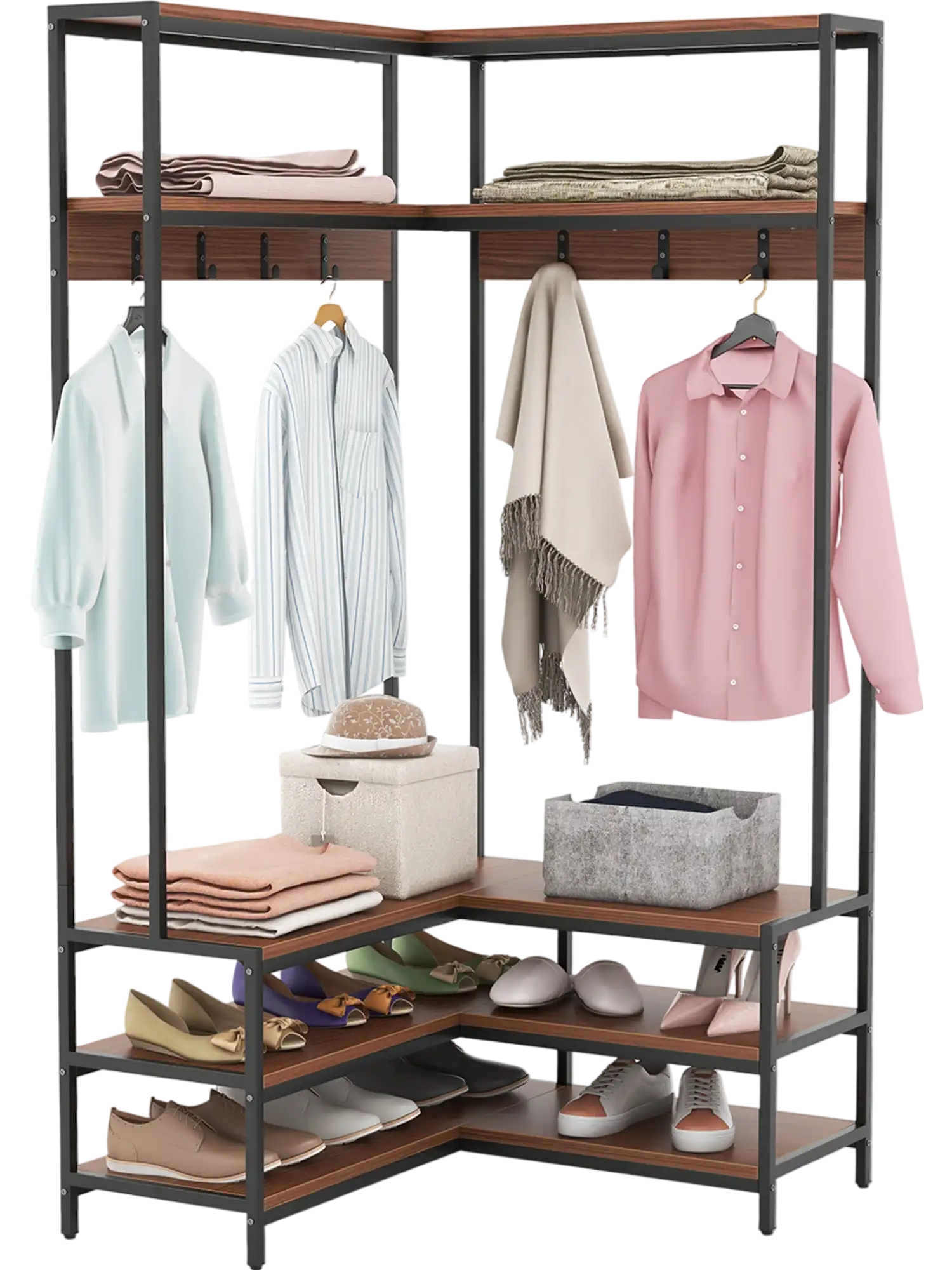 Costway Corner Garment Rack Wardrobe with Open Shelves 7 Hooks Shoe Bench 76815294 New