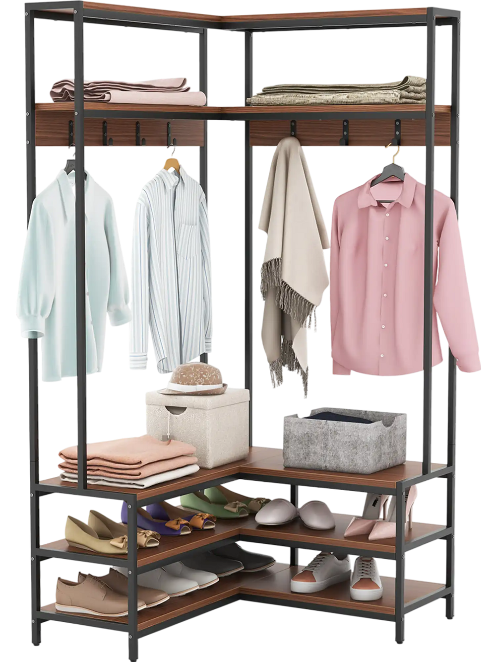 Corner garment rack with walnut shelves, 7 hooks, and shoe storage, perfect for entryways and maximizing space.