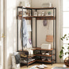 Corner garment rack with open shelves and 7 hooks in walnut finish, ideal for entryway organization and shoe storage.