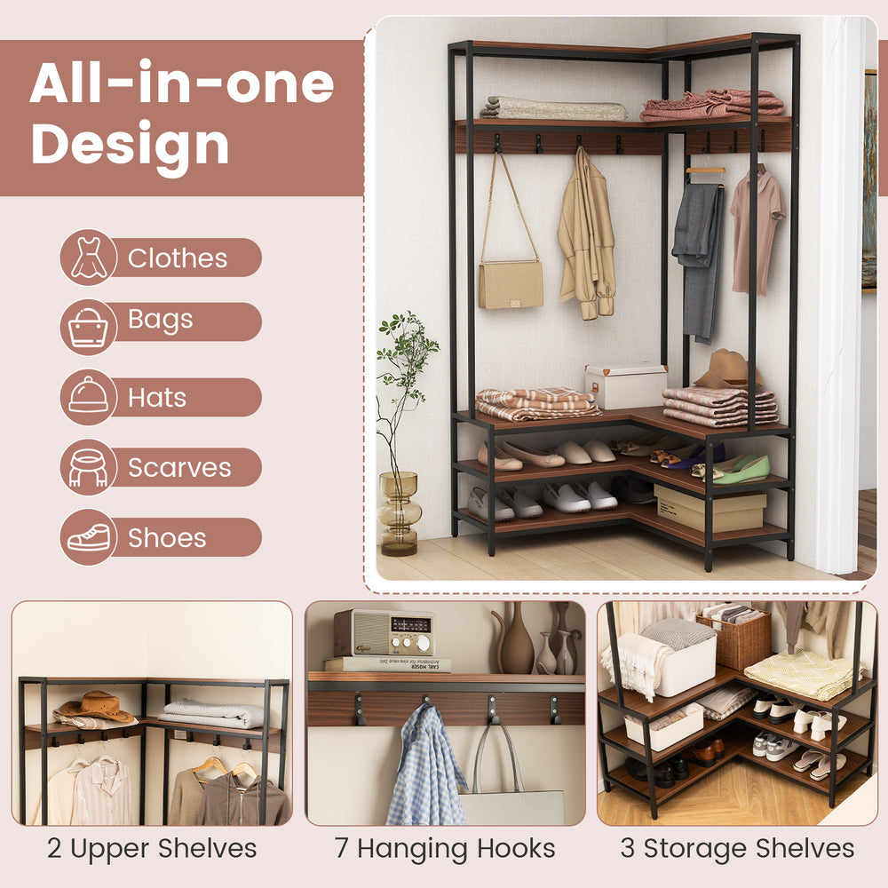 Corner garment rack with open shelves, walnut finish, featuring 7 hooks and ample storage for coats and shoes.