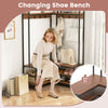 Changing shoe bench with walnut finish, featuring 7 hooks and open shelves for organized storage in entryways.