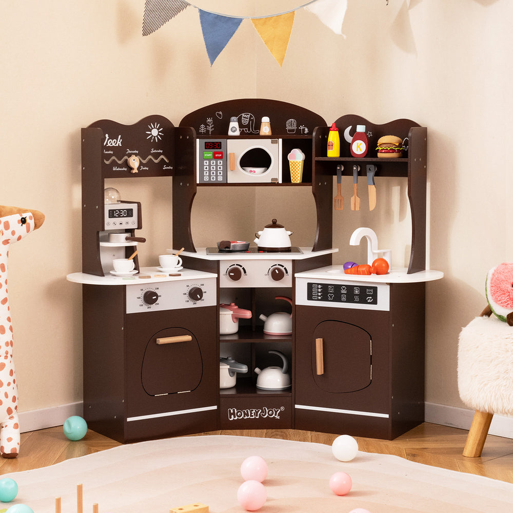 Corner Wooden Play Kitchen with Coffee Machine and Slide for Kids-Brown - Gallery View 1 of 11